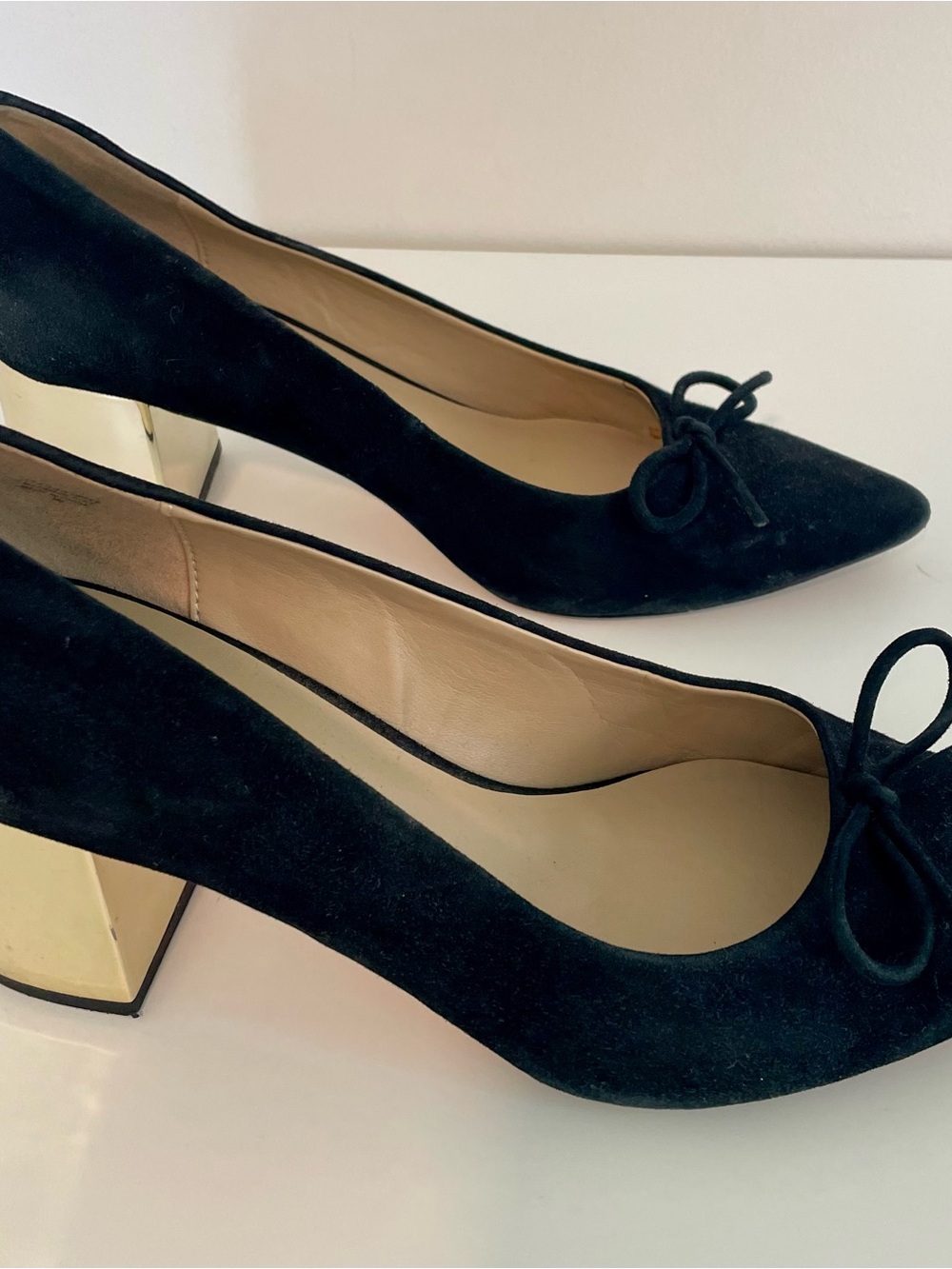 Ann Taylor Black Suede Block Heel with Bow and Gold Heels